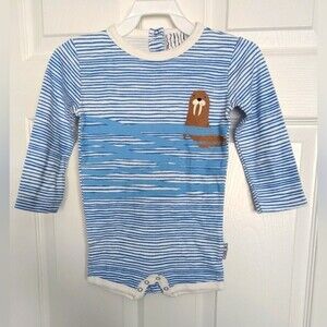 Blue Striped Baby (12-18 Months) Long-Sleeve Onesie w/Snaps and Walrus Design
